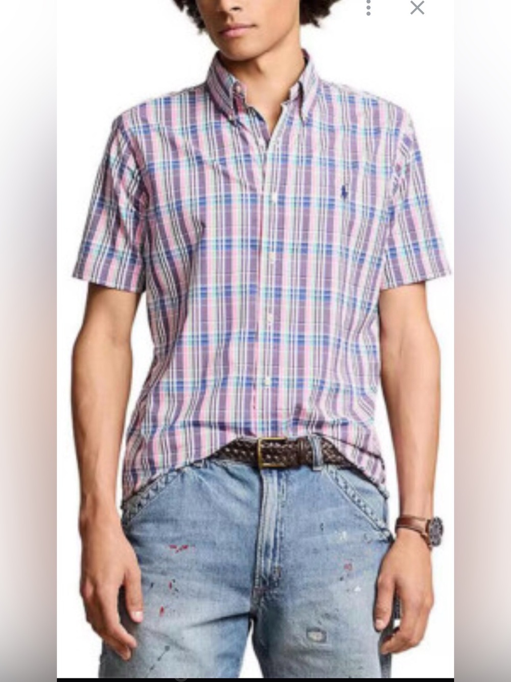 Ralph Lauren Men’s Pink Blue Plaid Short-Sleeve Button-Down Shirt Fit SLIM Large